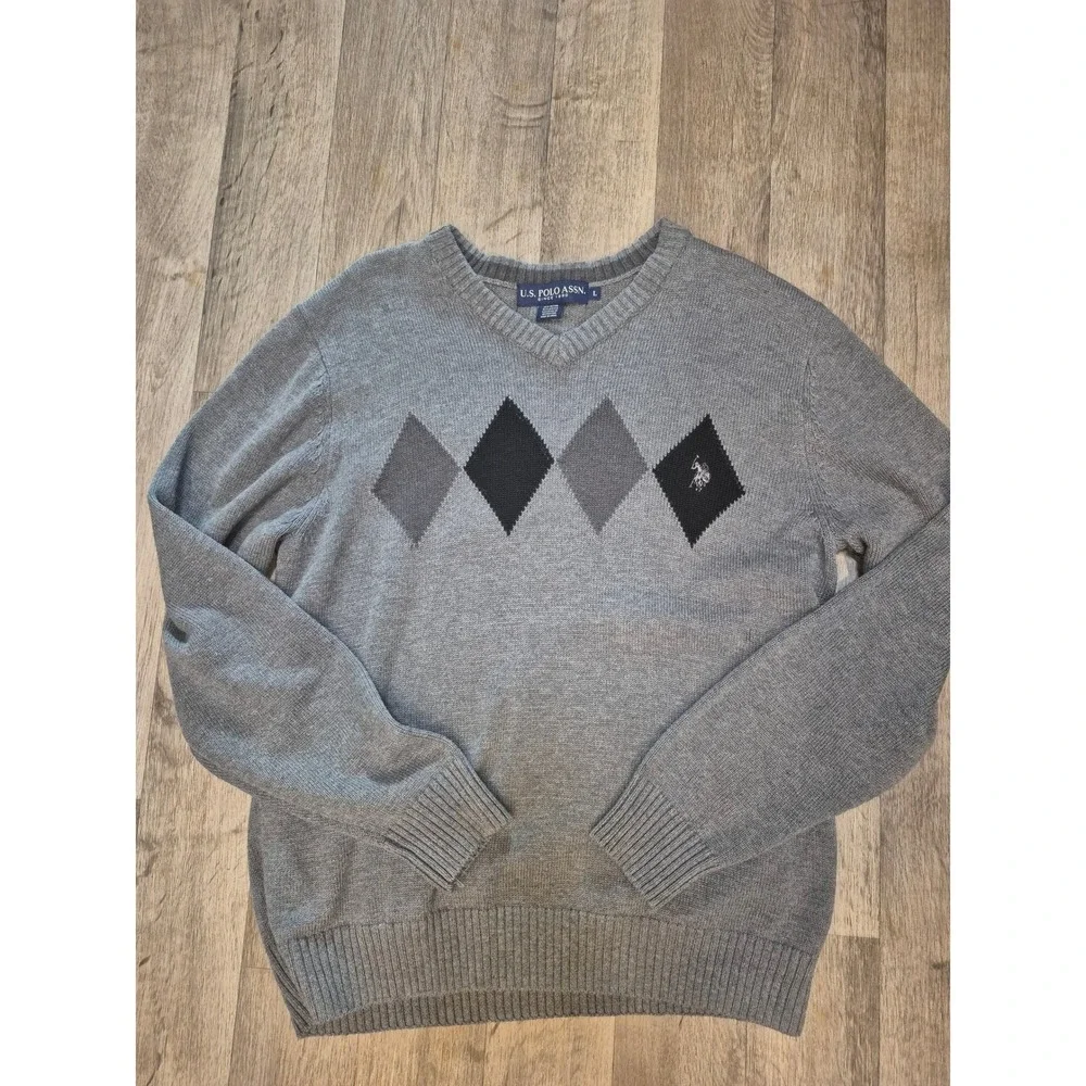 COZY CABINCORE ECLECTIC RETRO Gray‎ Argyle V-Neck Sweater Cotton Blend Large